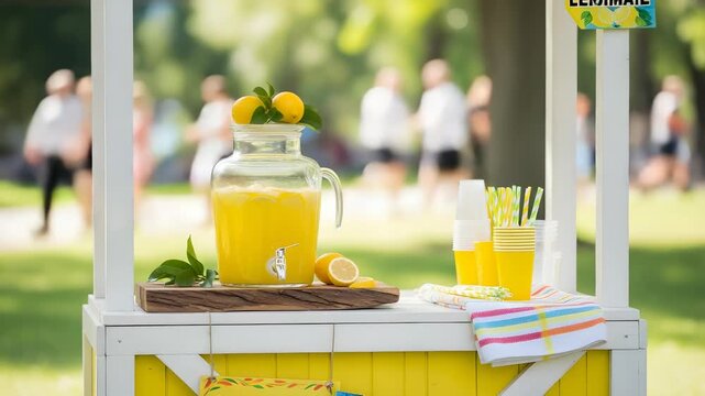 Fresh Lemonade Stand with Glass Dispenser in a Sunny Park with Blurred Background