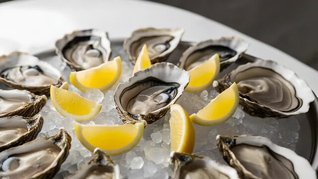 Fresh Raw Oysters Served on Crushed Ice with Yellow Lemon Wedges on a Silver Tray Gourmet Luxury on a light surface