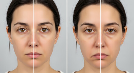A woman's face, split to show before and after, highlighting skin changes.