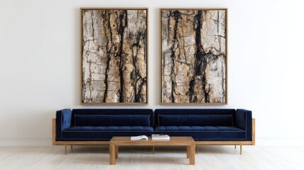 Modern living room with two abstract paintings and a blue sofa