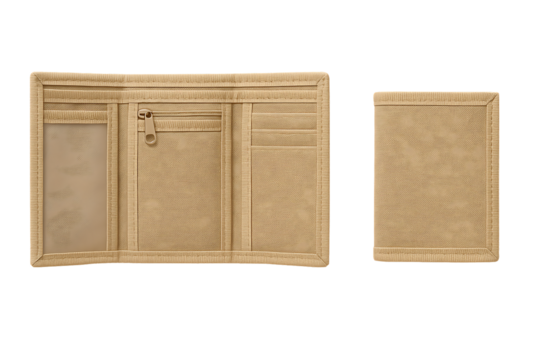 Beige fabric trifold wallet with zipper pocket and card slots for casual use shown open and closed isolated on transparent background - Powered by Adobe