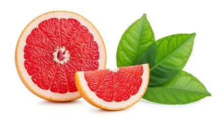 A bright pink grapefruit is sliced in half accompanied by a wedge and fresh green leaves all presented on a white