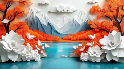 Autumnal mountain lake scene, paper craft