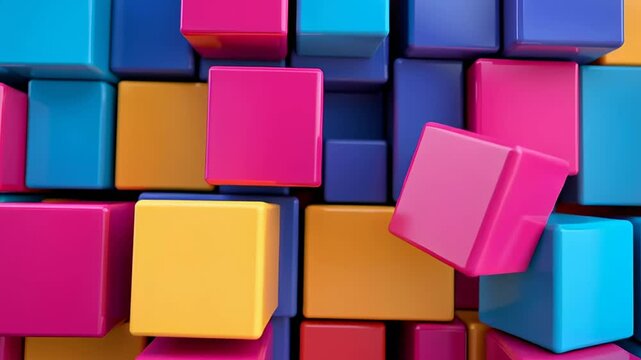 A colorful wall made of pink, yellow, and blue blocks. The blocks are arranged in a way that creates a pattern