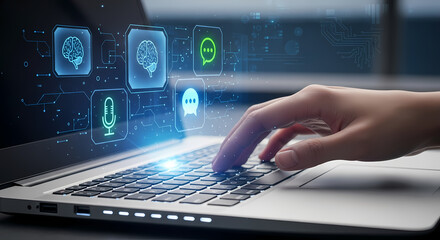 Person using laptop, interacting with digital interface displaying AI and communication icons.