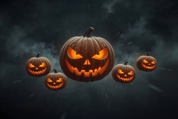Spooky Flying Jack o lanterns Glowing Eerie Orange Light in the Halloween Night Sky