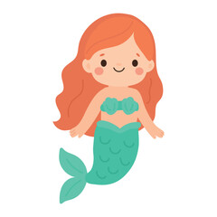 Adorable redhead mermaid girl with green tail and shell top, ideal for fantasy kids books, sea princess stories, and fairytale themes.