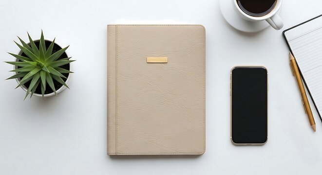 Minimalist office desk flat lay with a planner, smartphone, and coffee. Workspace organization for business success.