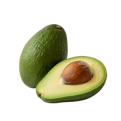 Fresh avocado halved and whole isolated on transparent background