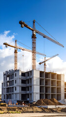 Construction site with cranes, and building.