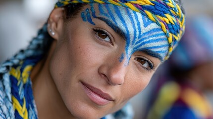 Obraz premium body art transformation, a latina artist expertly applies ocean-themed body paint to a participant, with a soft-focus parade preparation area in the background