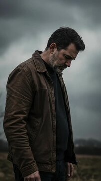 A lonely middle-aged Caucasian man with a beard looks down in despair. Portrait of a person struggling with mental health, sadness, and grief outdoors.