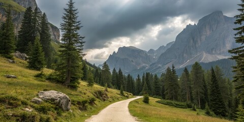 Serene Mountain Road Dramatic Cloudscape, Winding Path, Alpine Conifers, Dolomites, Italy. Dolomites landscapephotography