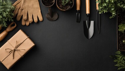 Garden tools, plants, and gift on dark surface