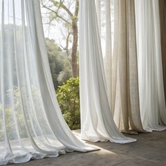 Sheer Elegance White and Beige Linen Curtains Draped, Natural Light, Window View, Fabric Texture, Home Decor Curtains, Linen