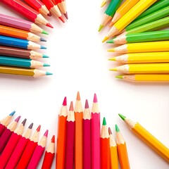 A bright assortment of colored pencils arranged in groups on a white surface with a central open space