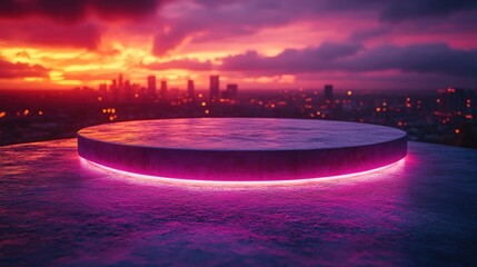 Circular platform at sunset over cityscape