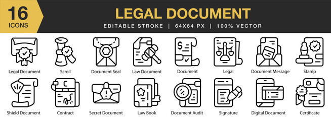 Legal Document icon set. Editable Stroke Icon Collection. Includes agreement, contract, legal, law, document, and More. Outline icons vector collection.