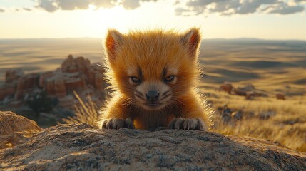 Fierce Red Panda Cub on a Rocky Outcrop at Sunset