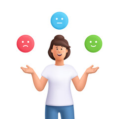 Young smiling woman Jane choice different emotions, showing to sad, neutral, happy emoji. Psychology, mental health, feedback concept. 3d vector people character. Cartoon minimal style.