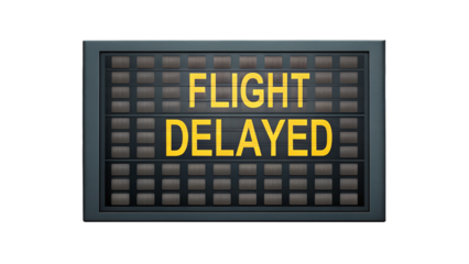 A flight delayed sign is displayed in yellow letters on a black board isolated on transparent background