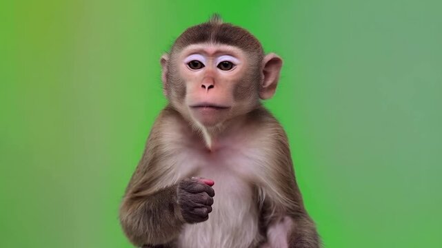 Close up of a monkey with brown fur eating something against a green background in a studio shot green screen animal video