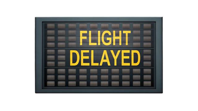 A flight delayed sign is displayed in yellow letters on a black board isolated on transparent background