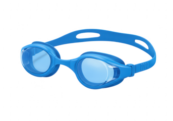 Bright blue swimming goggles with clear lenses and adjustable strap isolated on transparent background