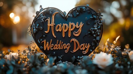 Romantic happy wedding day photo featuring a heart shape with gold lettering and floral decorations
