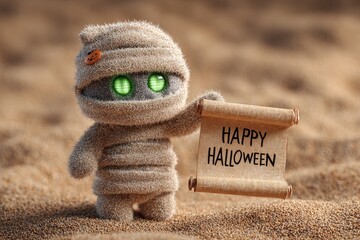 Fuzzy 3D mummy holding Halloween scroll in sandy desert