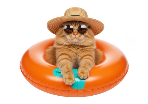 Adorable ginger cat wearing sunglasses and a straw hat floats in an orange inflatable ring isolated on transparent background