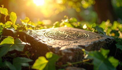 A weathered Superman logo on a rugged, ancient stone tablet, bathed in golden sunlight, surrounded by lush vines, hyper-realistic textures.