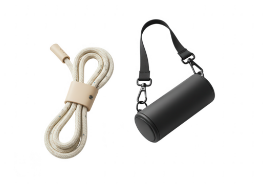 Stylish beige rope strap and black cylindrical bag with metal clasps isolated on transparent background
