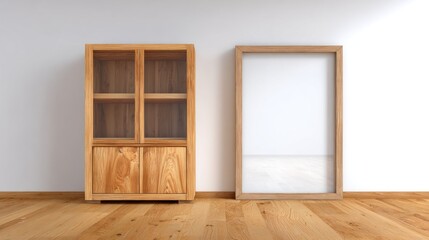 Wooden cabinet and frame in a room