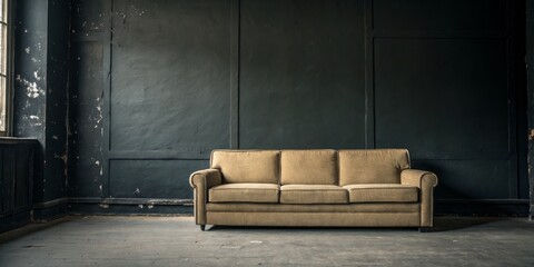 Tan Sofa in Dark Room Interior Composition, Vintage Furniture, Abandoned Space, Dark Walls, Empty Room Abandoned Places, Interior Design