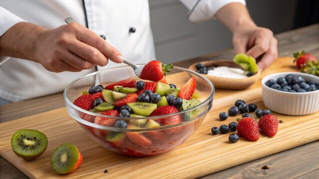 Female chef's hands skillfully cut fresh vegetables like tomatoes and peppers, preparing a healthy salad in a professional kitchen