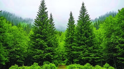 Fototapeta premium Misty Mountain Forest with Three Tall Evergreen Trees