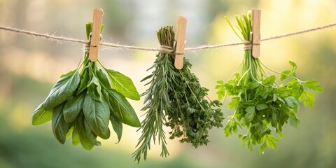 Three Bunches of Fresh Herbs Hanging to Dry on a Clothesline, Close-up, Natural Light, Basil, Rosemary, Parsley Herb Drying, Culinary Herbs