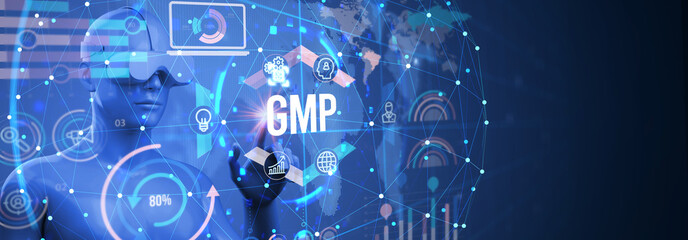 Good manufacturing practice certification quality control on virtual screen. GMP. 3d illustration