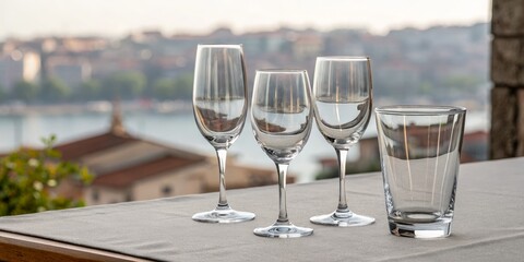 Three Champagne Flutes and a Highball Glass on a Terrace with City View, Table Setting, Glassware, Drinkware, Cityscape Glassware, Cityscape