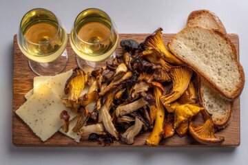 Grilled wild mushrooms with cheese slices, toasted bread and white wine