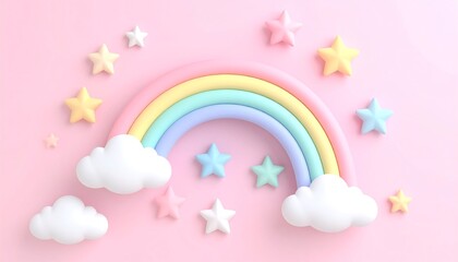 Pastel rainbow and clouds with stars on a pink background