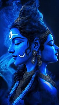 Indian Hindu God Ardhanarishvara digital art, divine male and female faces merging. Lord Shiva Parvati union in space, spiritual concept. Yoga, meditation, India, religion, mythology, balance. Krishna
