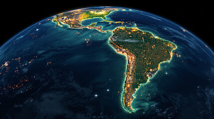 Night view of Central and South America from space, showing city lights and landmasses