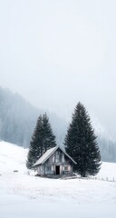 Snowy mountain chalet nestled in misty landscape