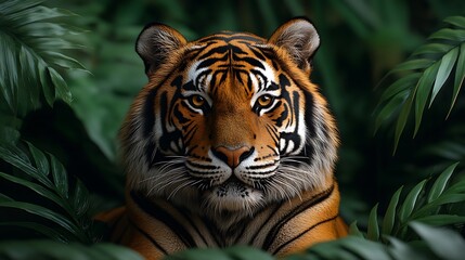 Fototapeta premium Stunning close up photo of a majestic tiger partially hidden amongst lush green foliage