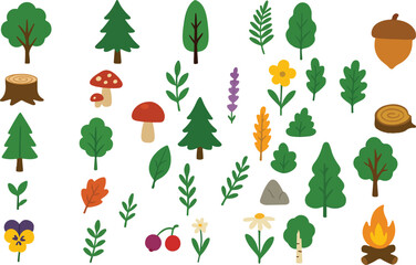 Fototapeta premium Nature Icon Set: Trees, Mushrooms, Leaves, Campfire, Stumps & Rocks in Minimal Vector Style