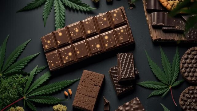 A chocolate bar is on a table with other chocolate bars and cookies. The chocolate bars are cut into pieces and scattered around the table