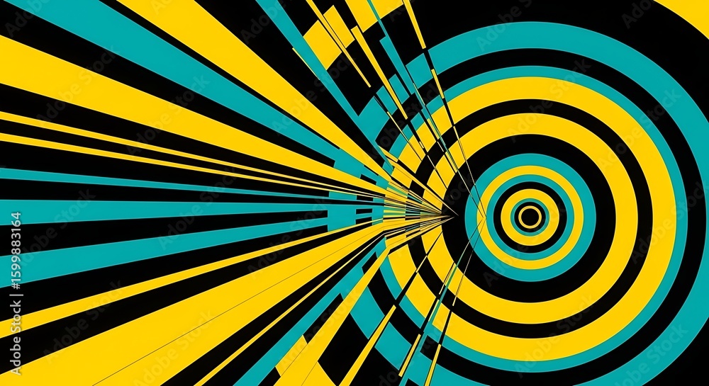 Fototapete Abstract Circular Pattern with Lines and Rings in Teal Yellow and Black