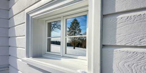 White Window Reflection Winter Landscape, Double-Hung Design, Snowy Scene, Pine Tree, Window Frame. Window Reflection, Winter Scenery